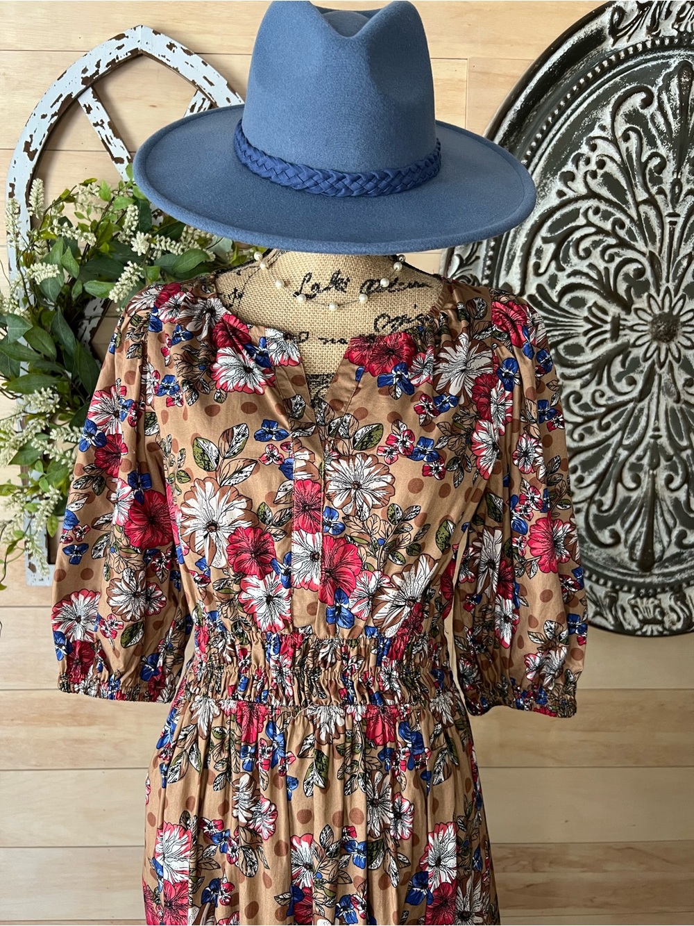 Umgee Floral Smocked Waist Midi Dress in Brown with Red & Blue Blooms